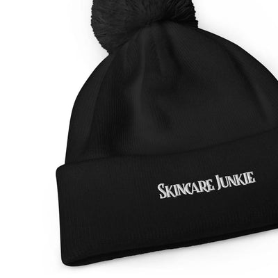 Skincare Junkie Embroidered Pom Pom Beanie Black | ButFirstSkin